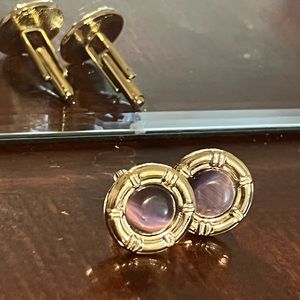 Round Gold Embossed Cuff Link Set with Purple Gem!